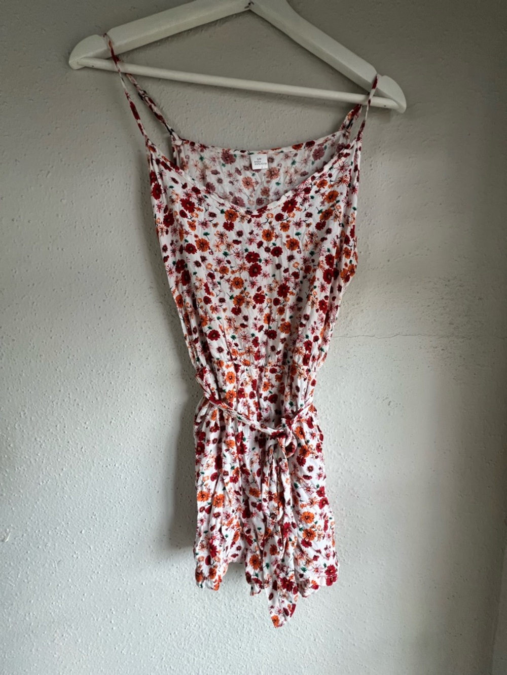 Floral Spaghetti Strap Romper in White with Red & Orange Flowers